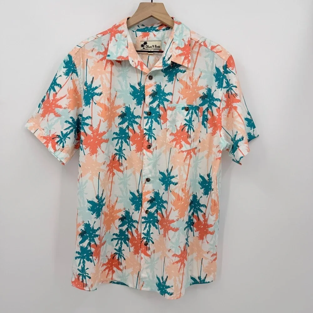Oliver & Burke Hawaiian Palm Shirt Mens L Tropical Beach Resort Vacation Summer